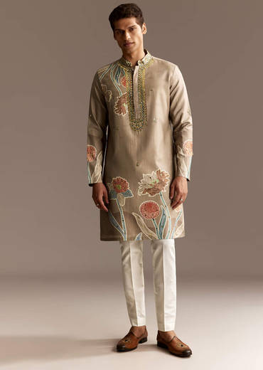 Beige Mirror Work Kurta Set