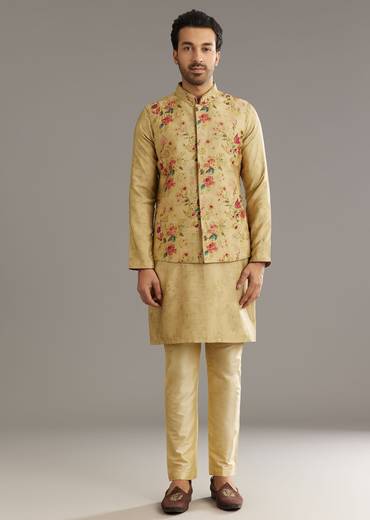 Beige Muslin Kurta Jacket Set With Stone Work