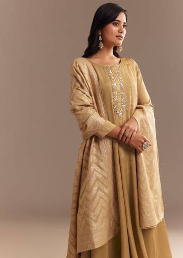 Beige Muslin Mirror Embroidered Kurta Set