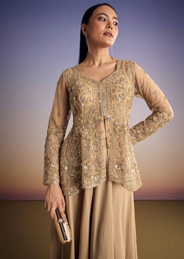 Beige Net Peplum Kurta Set With Beads And Sequins Work