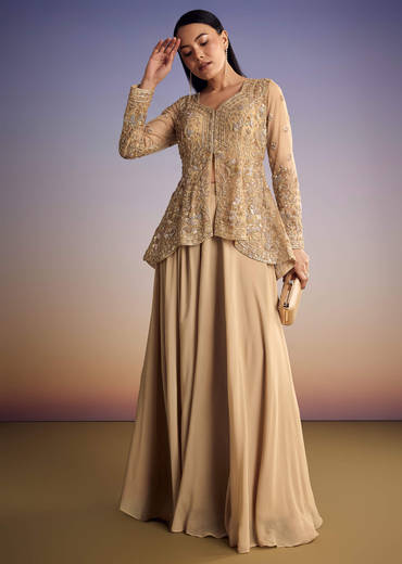 Beige Net Peplum Kurta Set With Beads And Sequins Work