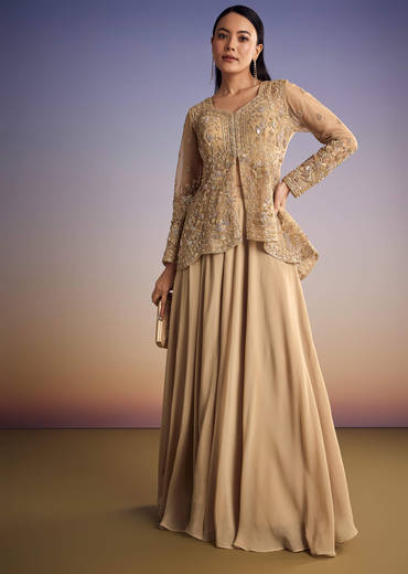 Beige Net Peplum Kurta Set With Beads And Sequins Work