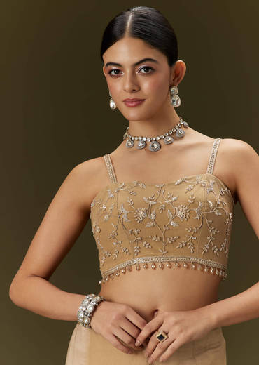 Beige Net Saree With All Over Heavy Embroidery