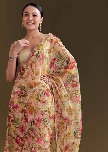 Beige Organza Saree With Beaded Border And Floral Print