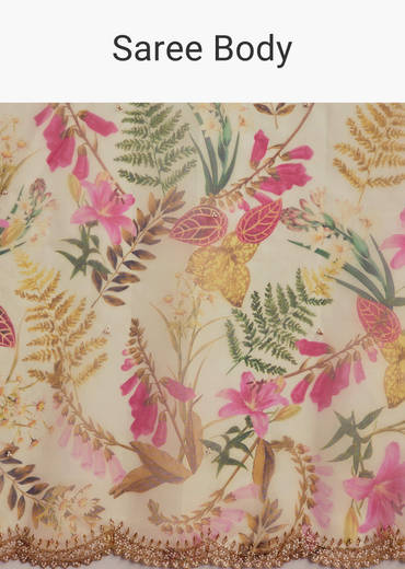 Beige Organza Saree With Beaded Border And Floral Print