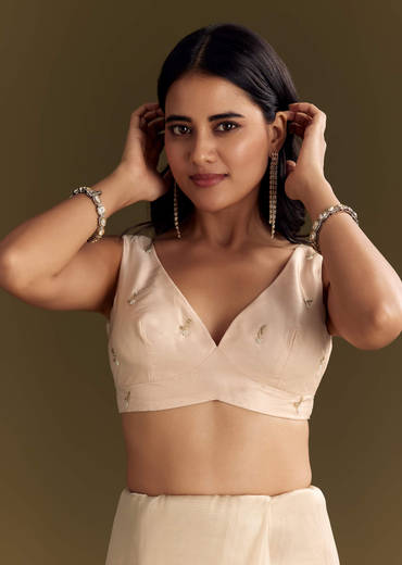 Beige Organza Tissue Saree With Cutdana And Beads Scallop Border