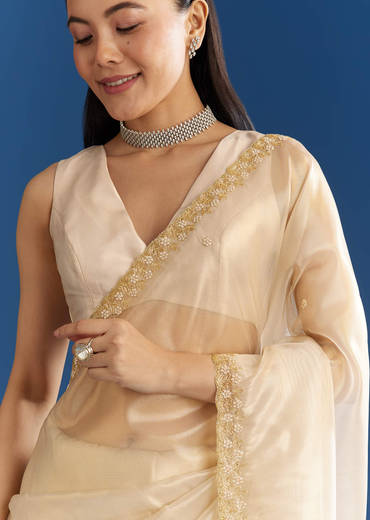 Beige Organza Tissue Saree With Embroidered Scallop