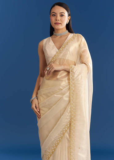 Beige Organza Tissue Saree With Embroidered Scallop