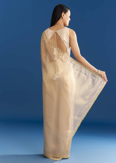 Beige Organza Tissue Saree With Embroidered Scallop