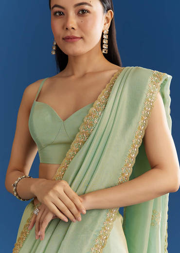 Mint Green Organza Tissue Saree With Subtle Embroidery