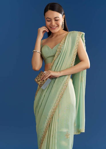 Mint Green Organza Tissue Saree With Subtle Embroidery