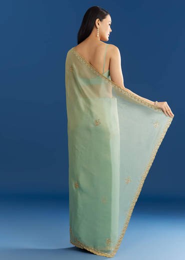 Mint Green Organza Tissue Saree With Subtle Embroidery