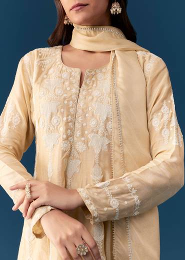 Beige Peplum Pakistani Style Anarkali Suit Thread Work