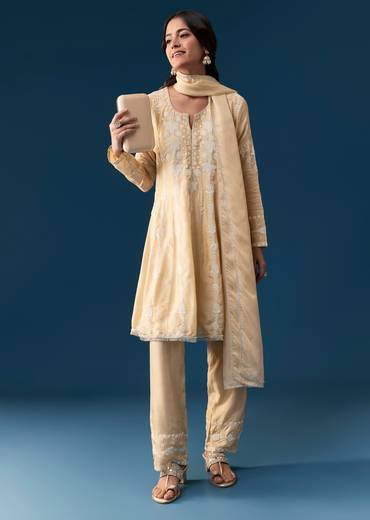 Beige Peplum Pakistani Style Anarkali Suit Thread Work