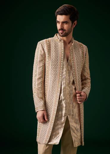 Beige Raw Silk Indowestern Sherwani Set