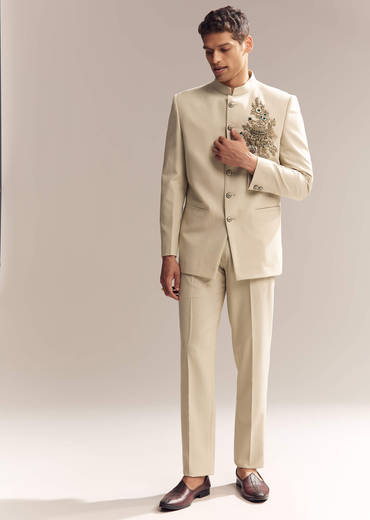 Beige Rayon Jodhpuri Suit For Men With Zardosi Embroidery