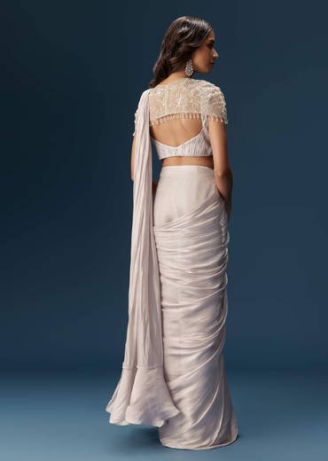 Beige Ready Pleated Saree With Cape And Blouse