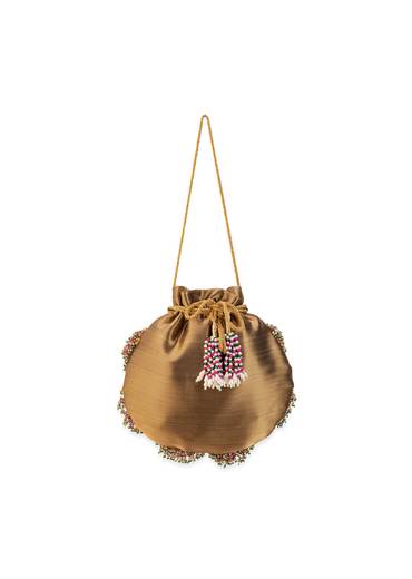 Beige Satin Potli Bag with Crescent Motif