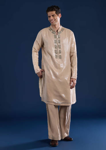 Beige Sequin Embellished Mens Kurta and Pant Set