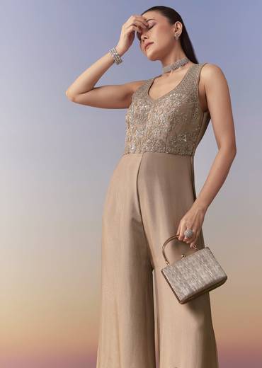 Beige Sequin Embroidered Jumpsuit