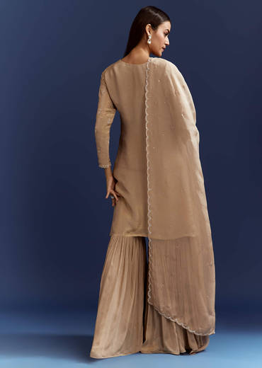 Beige Sequins And Cutdana Kurta With Sharara And Organza Dupatta