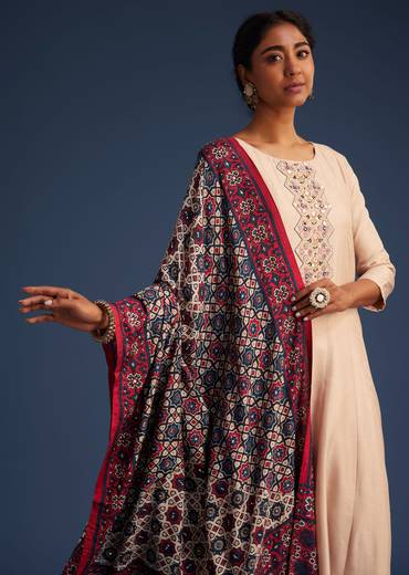 Beige Silk Anarkali Set With Ajrakh Print Dupatta