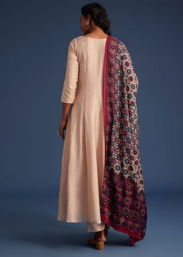 Beige Silk Anarkali Set With Ajrakh Print Dupatta