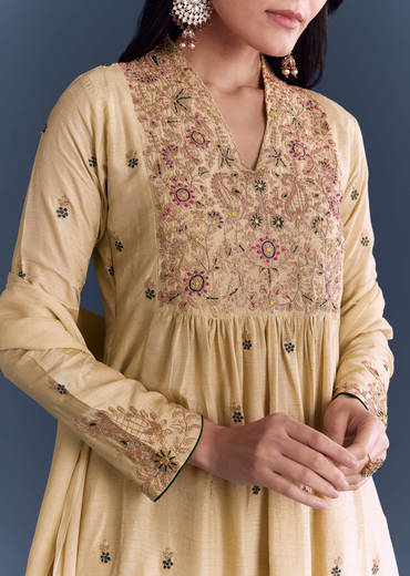 Beige Silk Anarkali Suit With Zari Embroidery