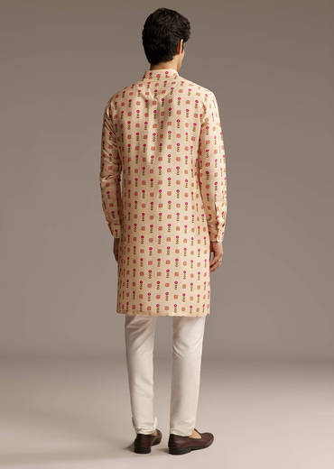 Beige Silk Designer Kurta For Men With Floral Print