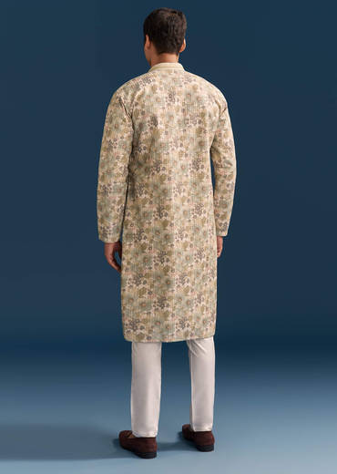 Beige Silk Floral Kurta Set For Men With Thread Embroidery