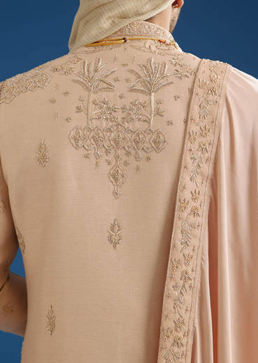 Beige Silk Groom Sherwani Set With Zardosi Work
