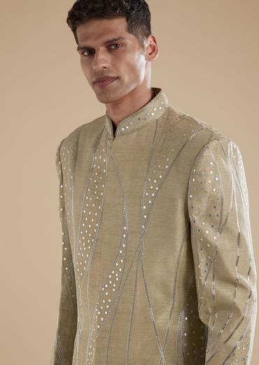 Beige Silk Indowestern Set With Cutwork Leather Detailing