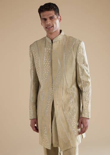 Beige Silk Indowestern Set With Cutwork Leather Detailing
