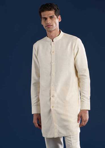 Beige Silk Jacket Kurta Set with Resham Embroidery