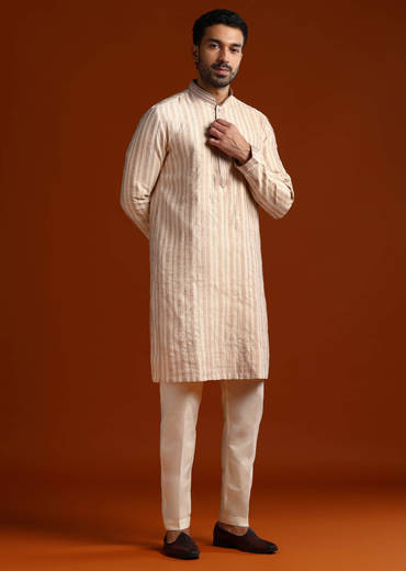 Beige Silk Jacquard Kurta Set For Men With Printed Stripes