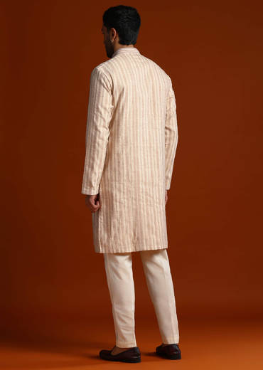Beige Silk Jacquard Kurta Set For Men With Printed Stripes