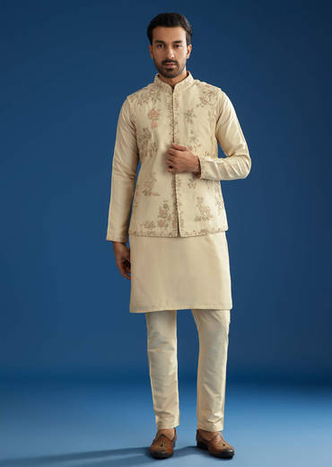 Beige Silk Kurta Jacket Set With Cutdana Work