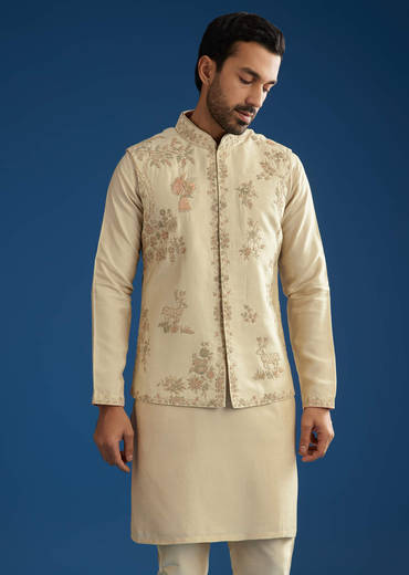 Beige Silk Kurta Jacket Set With Cutdana Work