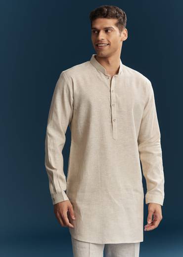 Beige Silk Kurta Jacket With Minimal Thread Detail