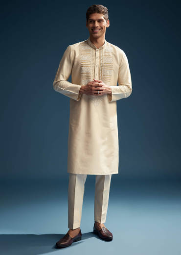 Beige Silk Kurta Set For Men With Kashmiri Hand Work