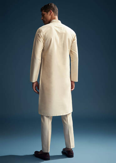 Beige Silk Kurta Set For Men With Kashmiri Hand Work