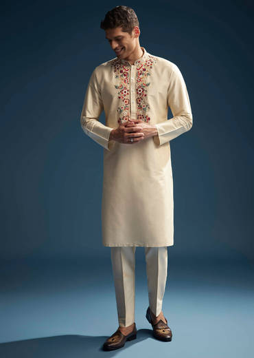 Beige Silk Kurta Set For Men With Resham Aari Embroidery