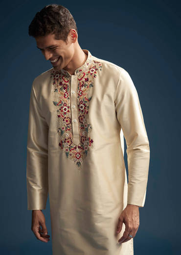 Beige Silk Kurta Set For Men With Resham Aari Embroidery
