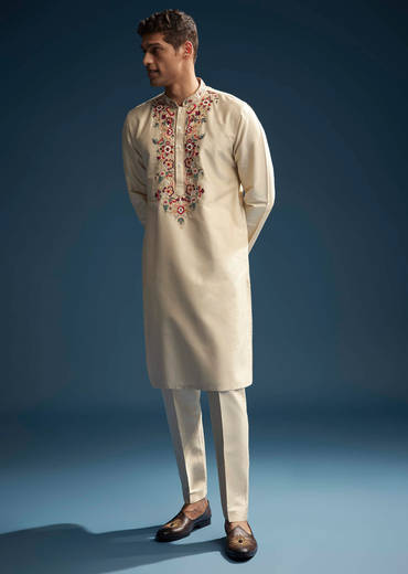 Beige Silk Kurta Set For Men With Resham Aari Embroidery