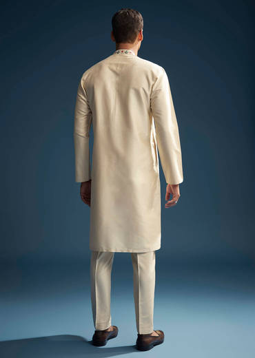 Beige Silk Kurta Set For Men With Resham Aari Embroidery