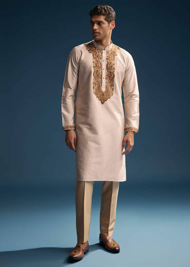 Beige Silk Kurta Set For Men With Resham Hand Embroidery
