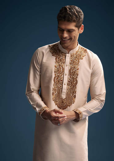 Beige Silk Kurta Set For Men With Resham Hand Embroidery