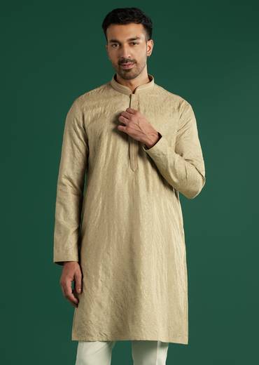 Beige Silk Kurta Set For Men With Subtle Woven Texture