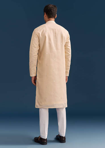 Beige Silk Kurta Set For Men With Thread And Mirror Embroidery