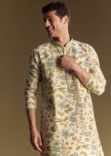 Beige Silk Kurta Set With Foil Enhanced Floral Print